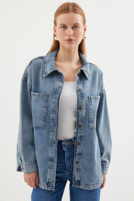 0694 Çift Cepli Oversize Denim Ceket - Buz Mavi 