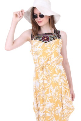 1512 Önü Nakışlı Elbise - Sarı 