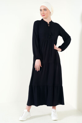 1627 Yaka Bağcıklı Tesettür Elbise - Siyah 