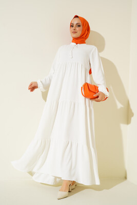 1627 Yaka Bağcıklı Tesettür Elbise - B.Beyaz 