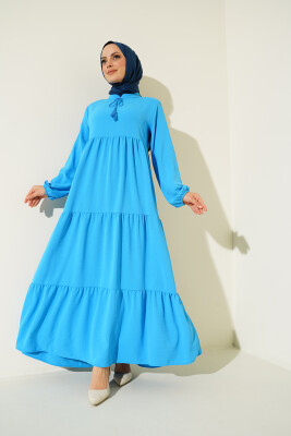 1627 Yaka Bağcıklı Tesettür Elbise - C.Mavi 