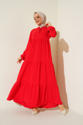 1627 Yaka Bağcıklı Tesettür Elbise - K. Kırmızı 