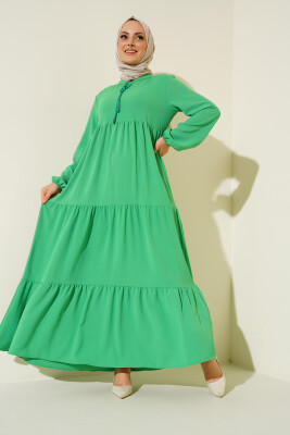 1627 Yaka Bağcıklı Tesettür Elbise - K. Yeşil 