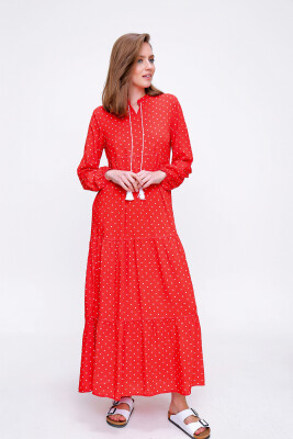 1627 Yaka Bağcıklı Tesettür Elbise - Kırmızı 