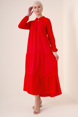 1627 Yaka Bağcıklı Tesettür Elbise - Kırmızı 