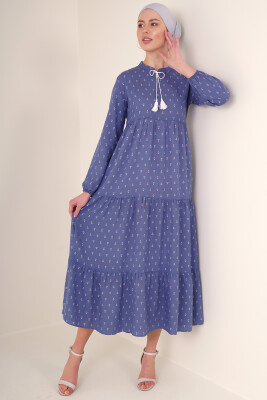 1627 Yaka Bağcıklı Tesettür Elbise - Mavi 
