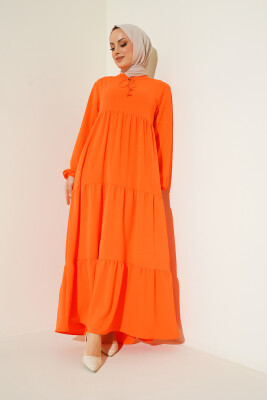 1627 Yaka Bağcıklı Tesettür Elbise - Oranje 