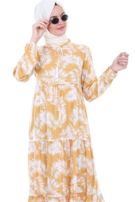 1627 Yaka Bağcıklı Tesettür Elbise - Sarı 