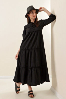 1627 Yaka Bağcıklı Tesettür Elbise - Y.Siyah 