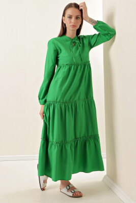1627 Yaka Bağcıklı Tesettür Elbise - Y.Yeşil 