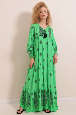 1947 Desenli Uzun Elbise - Yeşil 