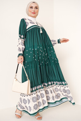 2175 Desenli Boydan Tesettür Elbise - Zümrüt Yeşili 