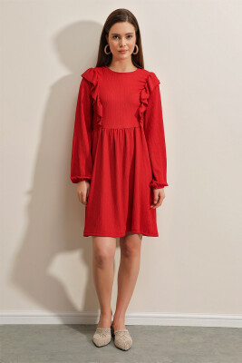 2372 Fırfırlı Örme Elbise - Kırmızı 