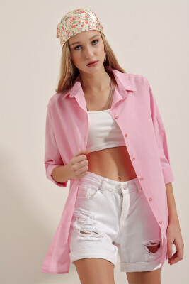 3900 Oversize Uzun Basic Gömlek - Pembe 