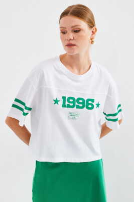 4322 Baskılı Oversize Basic Tişört - Beyaz 