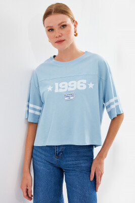 4322 Baskılı Oversize Basic Tişört - Mavi 