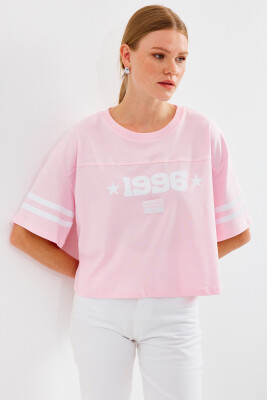 4322 Baskılı Oversize Basic Tişört - Pembe 