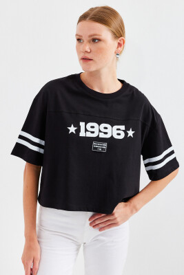 4322 Baskılı Oversize Basic Tişört - Siyah 