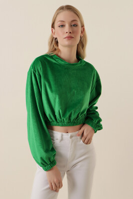 55392 Kadife Crop Bluz - Yeşil 