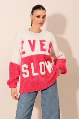 55438 Blok Renkli Peluş Sweatshirt - Fuşya 