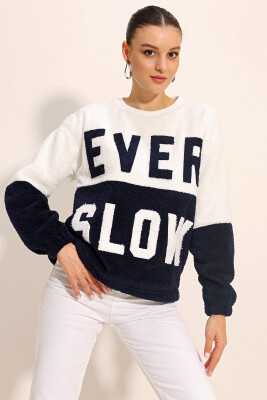 55438 Blok Renkli Peluş Sweatshirt - Lacivert 