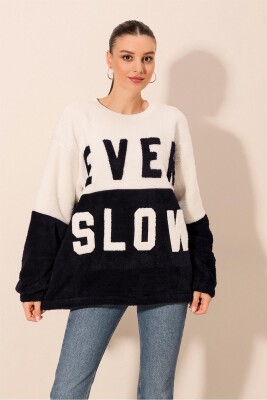 55438 Blok Renkli Peluş Sweatshirt - Siyah 