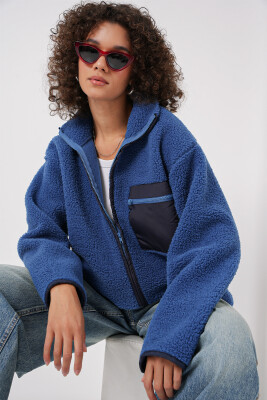 55446 Fermuarlı Oversize Peluş Ceket - Saks 