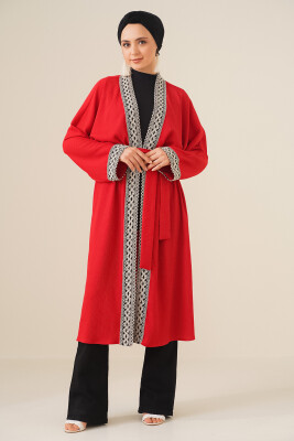 5865 Nakışlı Örme Uzun Kimono - Kırmızı 