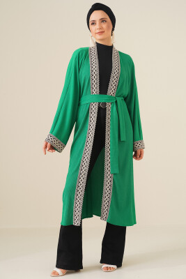 5865 Nakışlı Örme Uzun Kimono - Yeşil 