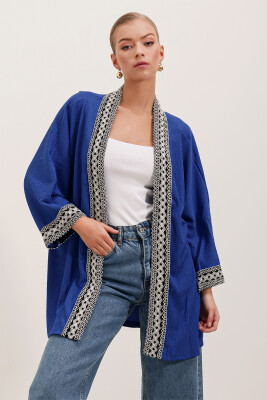 5866 Nakışlı Örme Kimono - Saks 