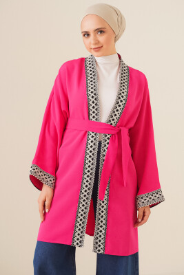 5867 Nakışlı Keten Kimono - Fuşya 