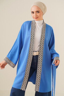 5867 Nakışlı Keten Kimono - Saks 