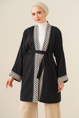 5867 Nakışlı Keten Kimono - Siyah 