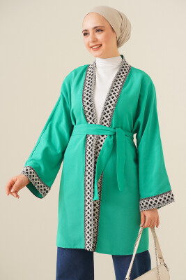 5867 Nakışlı Keten Kimono - Yeşil 