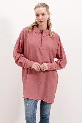 5917 Fermuarlı Oversize Tunik - Gül Kurusu 