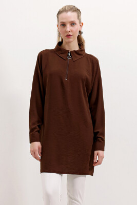 5917 Fermuarlı Oversize Tunik - Kahverengi 