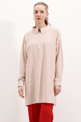 5917 Fermuarlı Oversize Tunik - Krem 